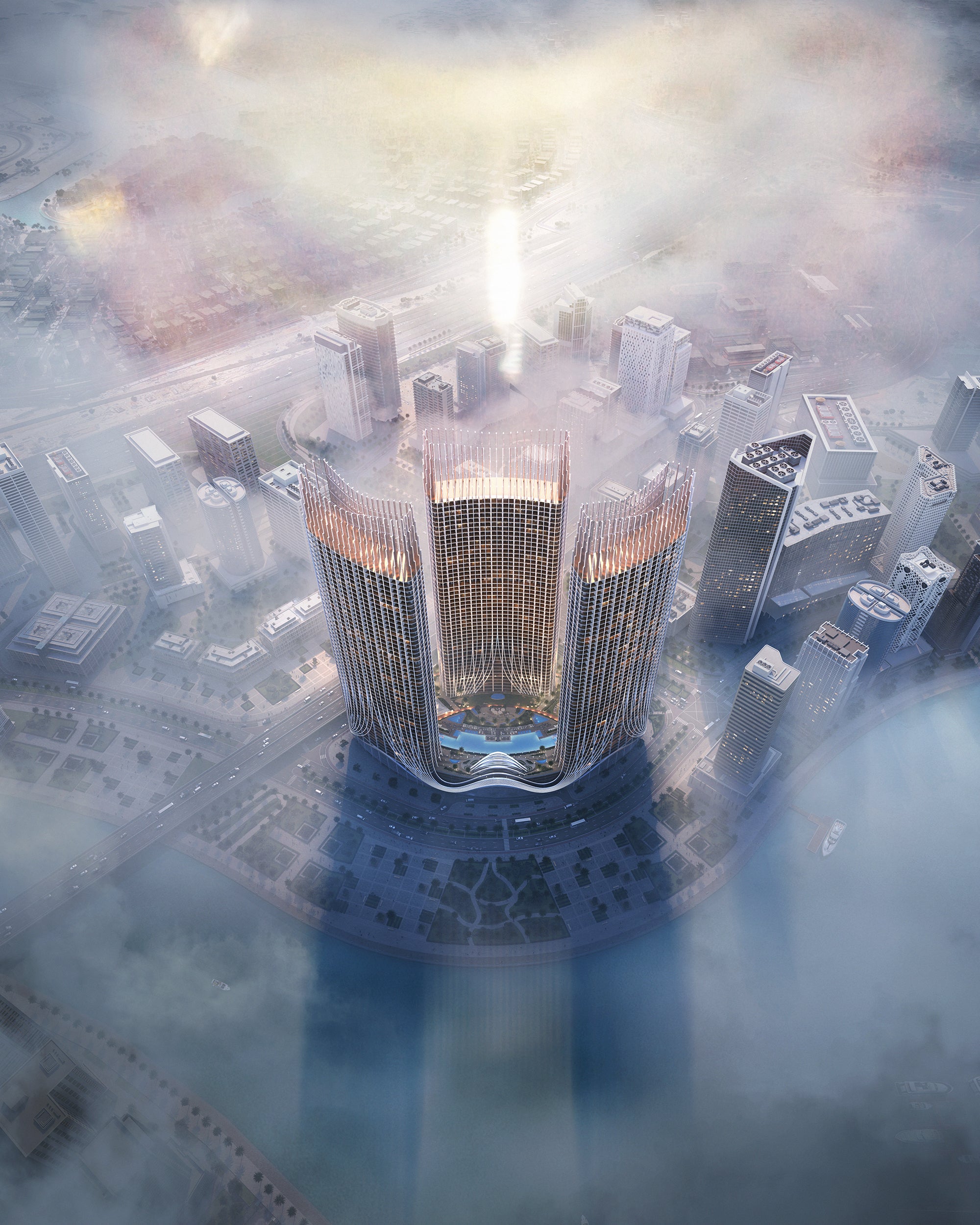 Binghatti Skyrise project in Business Bay drone view futuristic city in Dubai