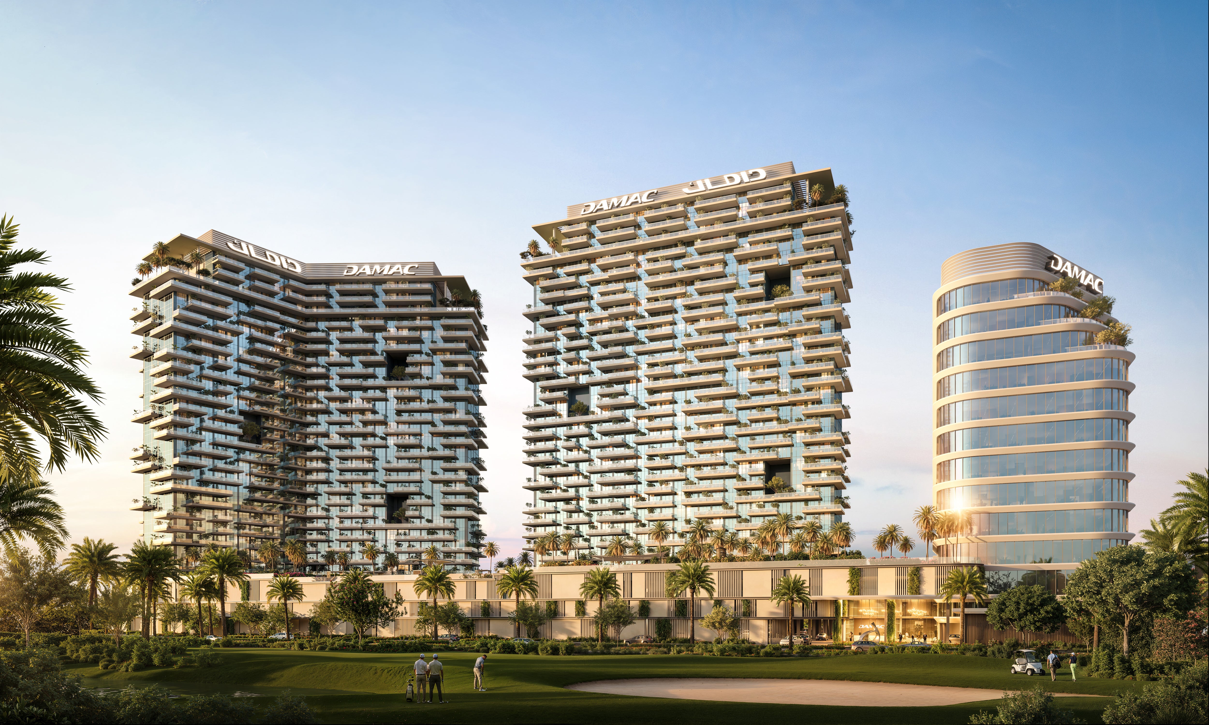 Modern architectural buildings with palm trees and a clear sky