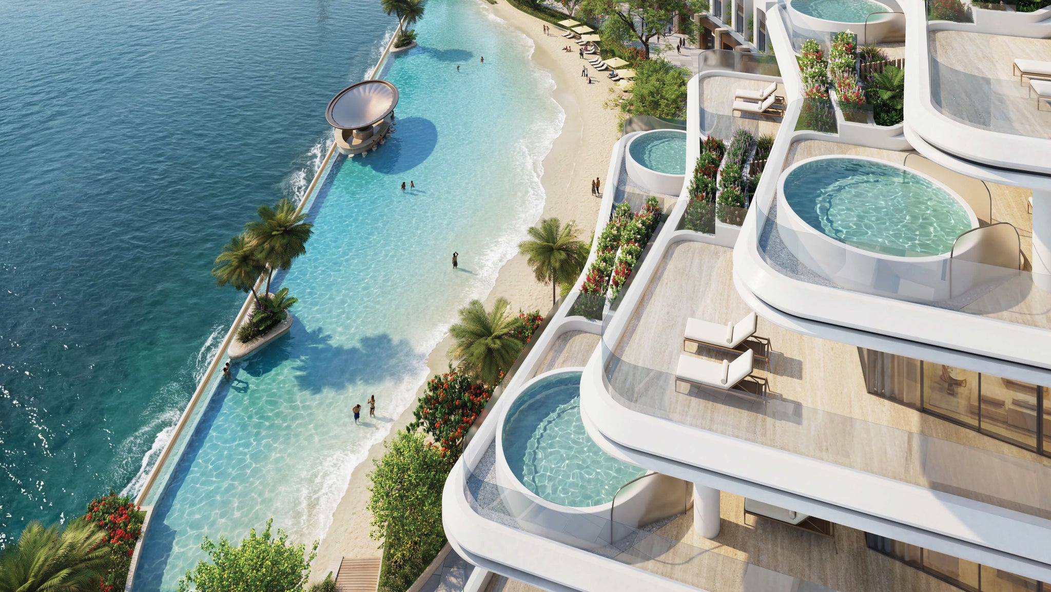 Modern architectural design with pools overlooking a beach and water.