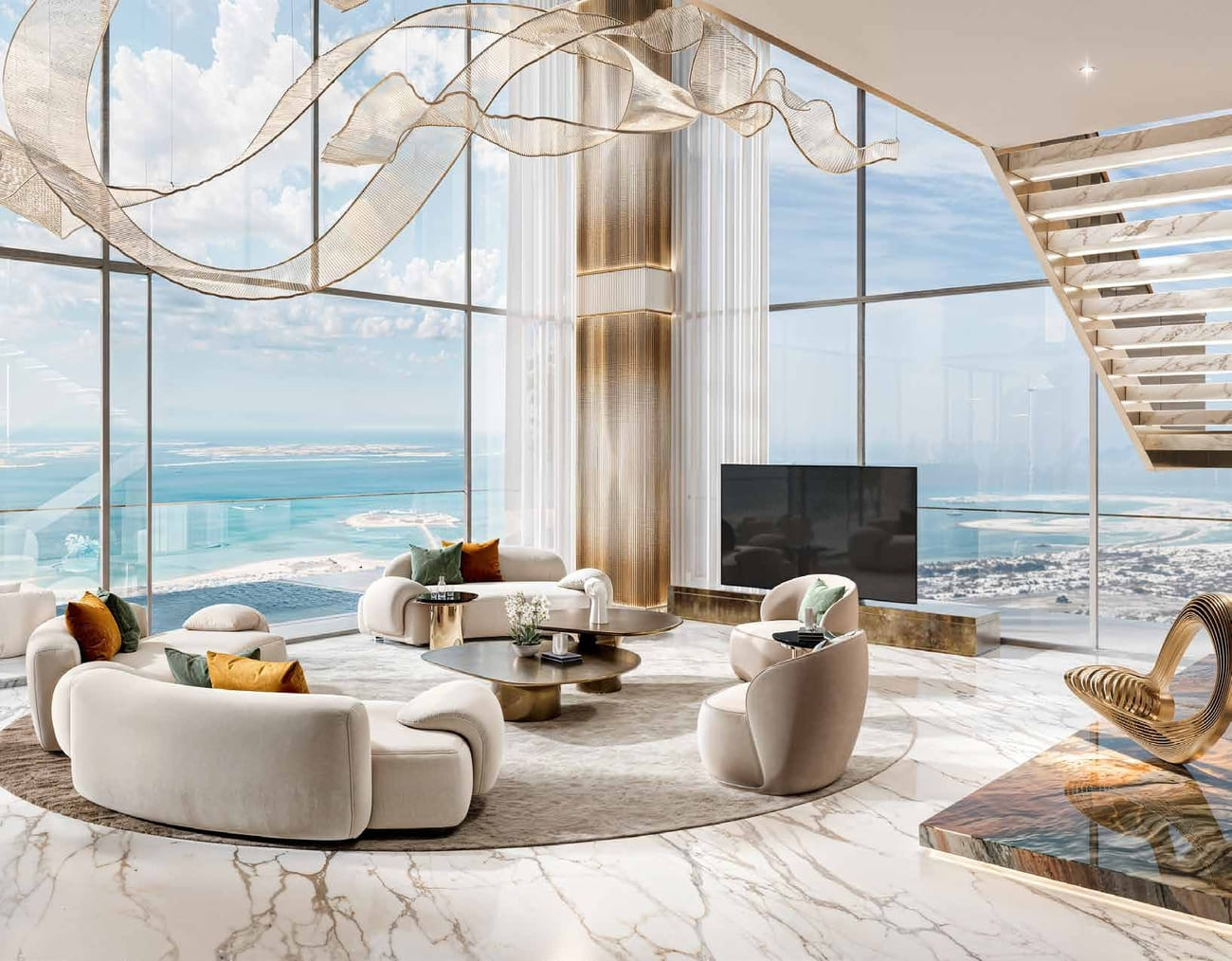 Modern living room with ocean view and stylish decor