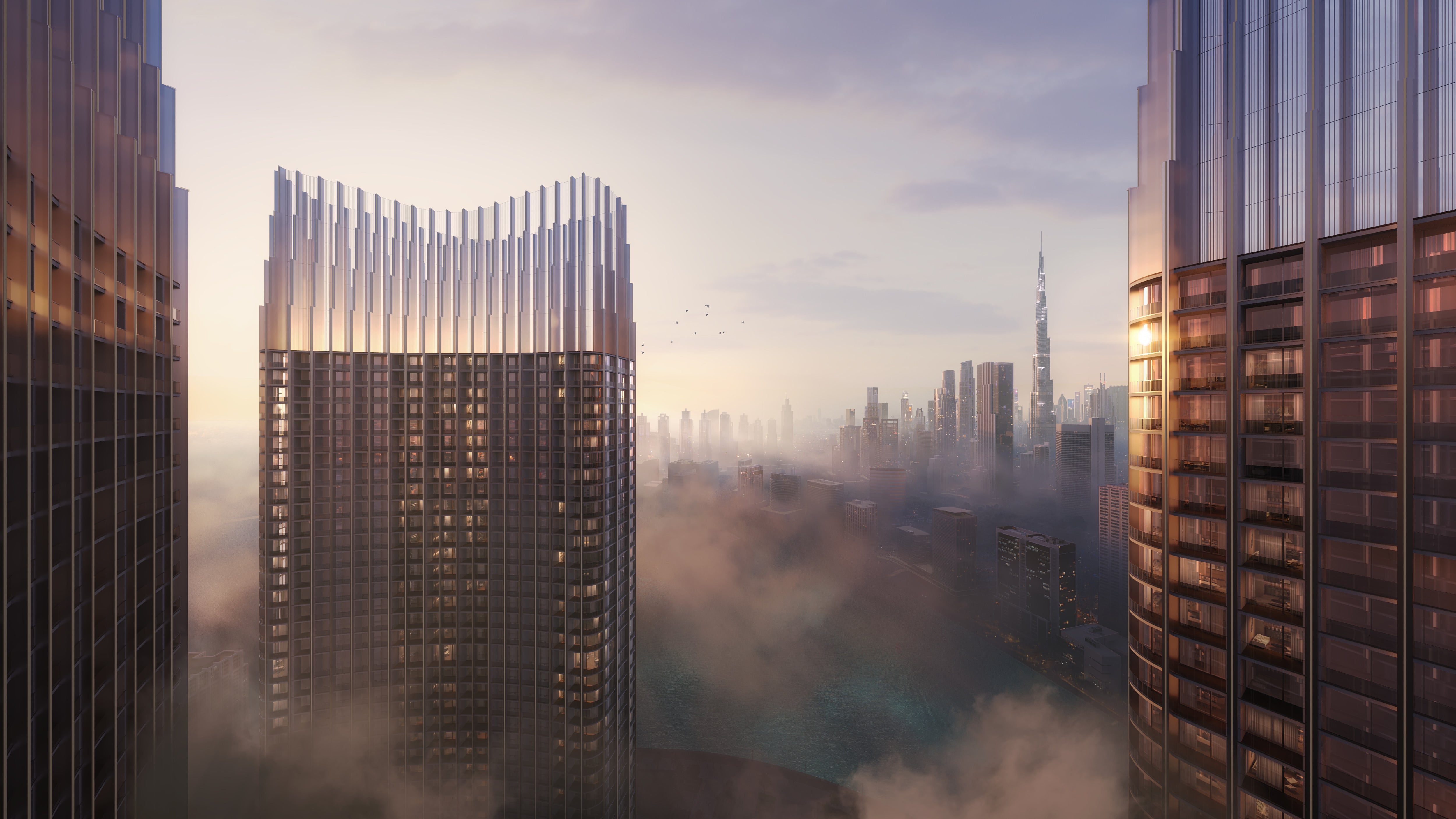Binghatti Skyrise skyscaper above the clouds with Burj Khalifa view