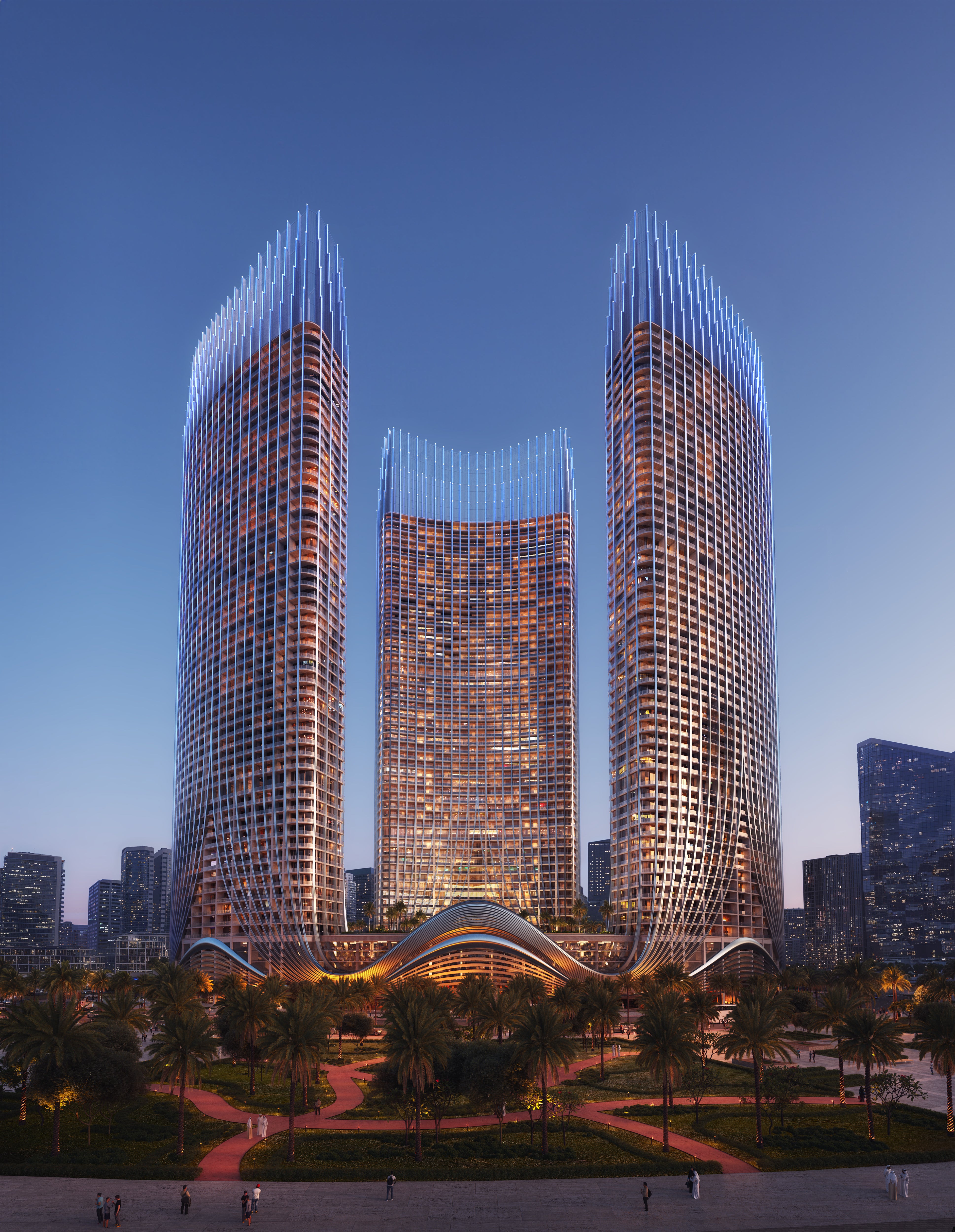 Modern architectural design of Binghatti Skyrise with a curved bridge at dusk.