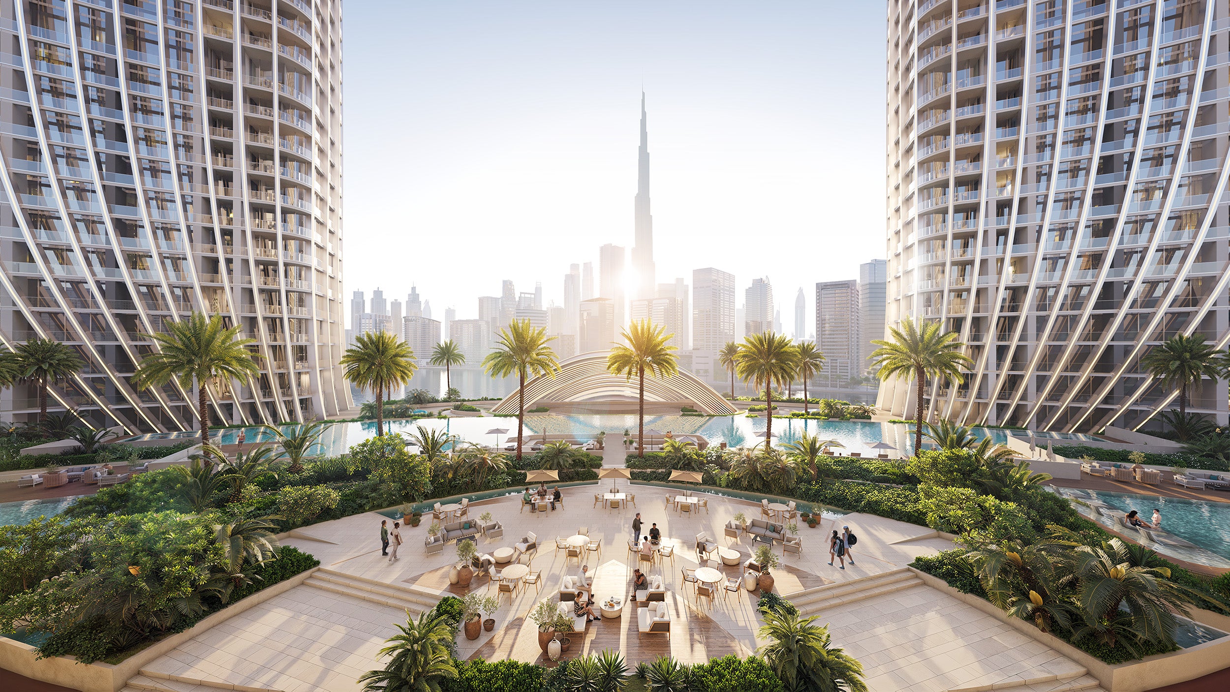 Luxury Binghatti Skyrise apartments pool area with modern architecture and Dubai skyline in the background