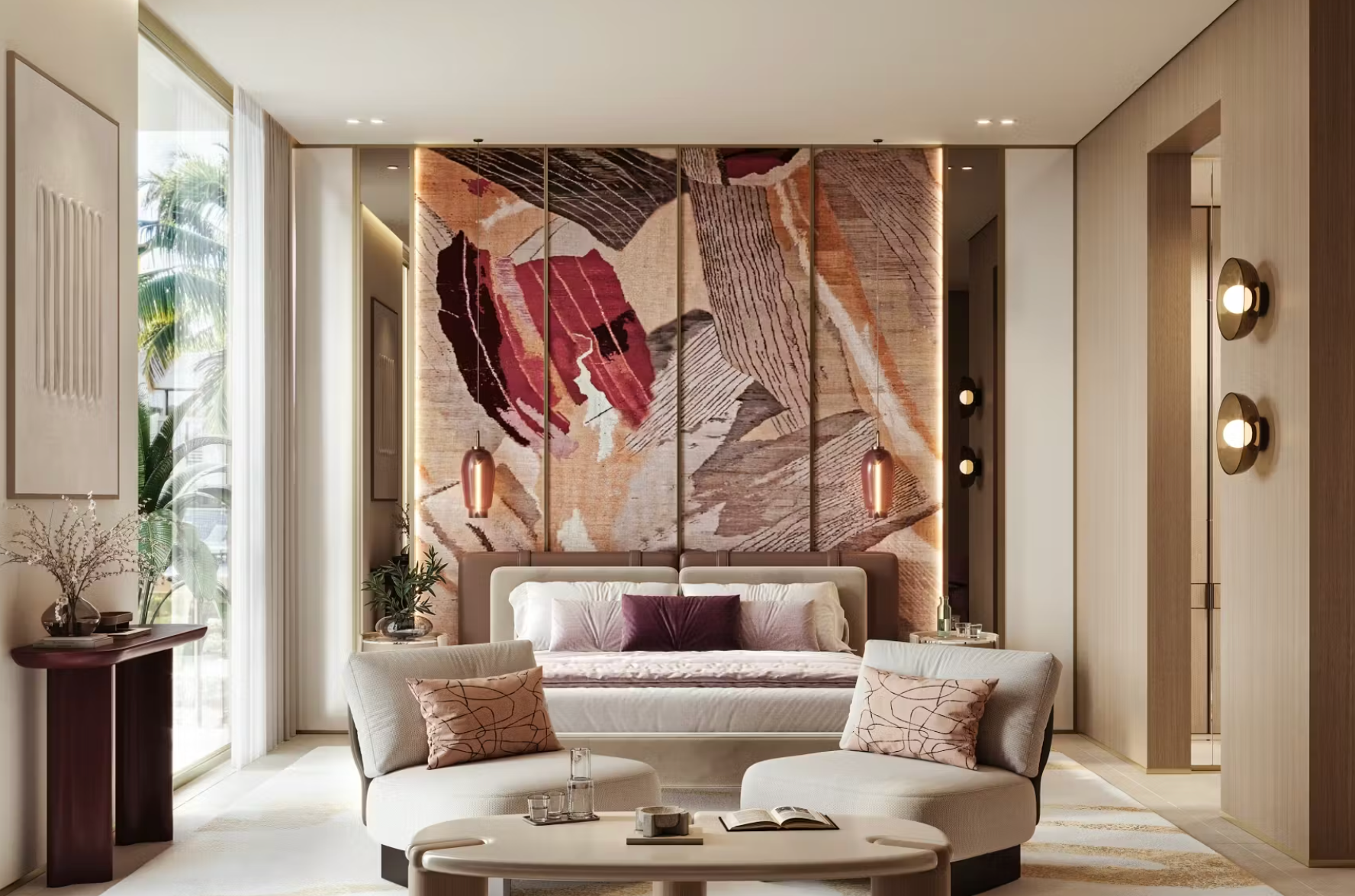 Modern bedroom with a large abstract wall art piece.