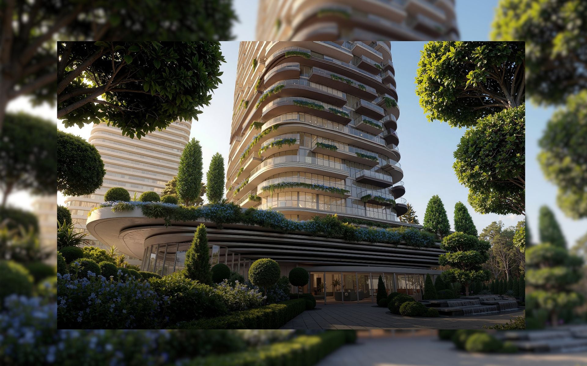 Modern architectural building with greenery in an urban setting