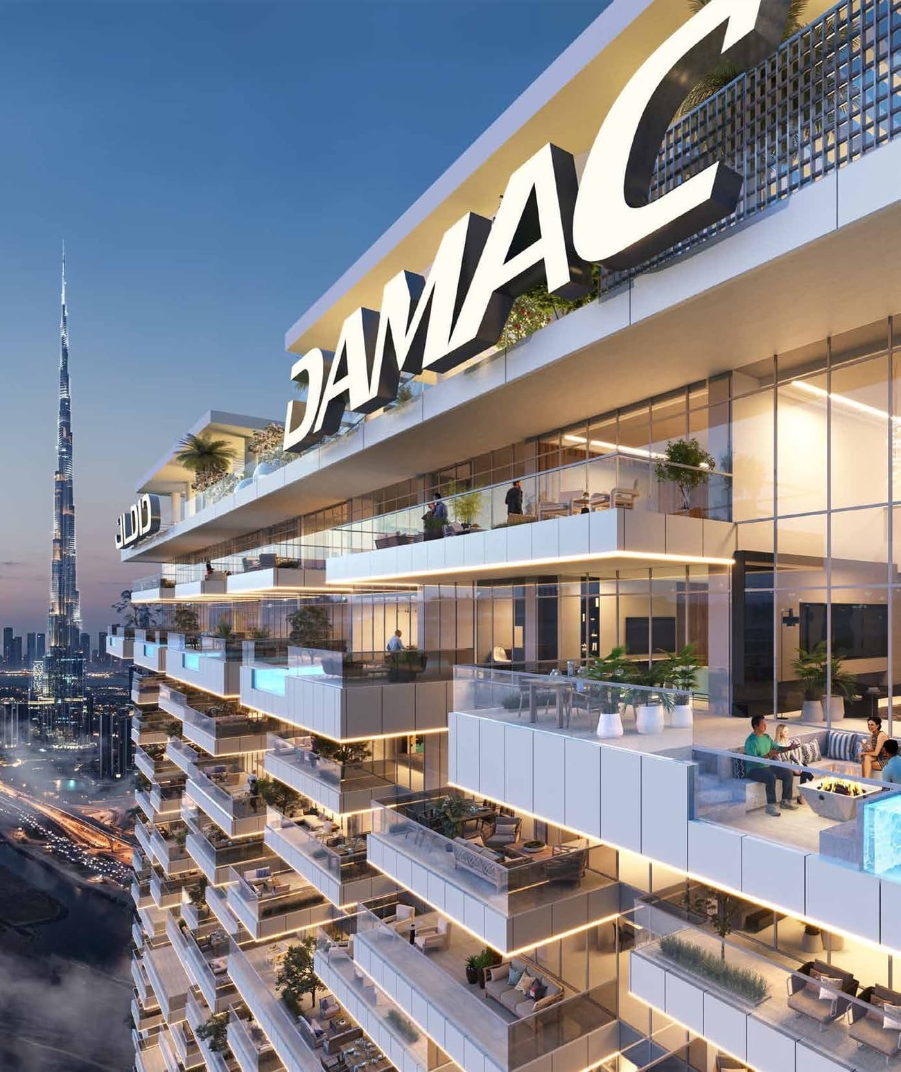 Modern building with 'DAMAC' branding against a city skyline.