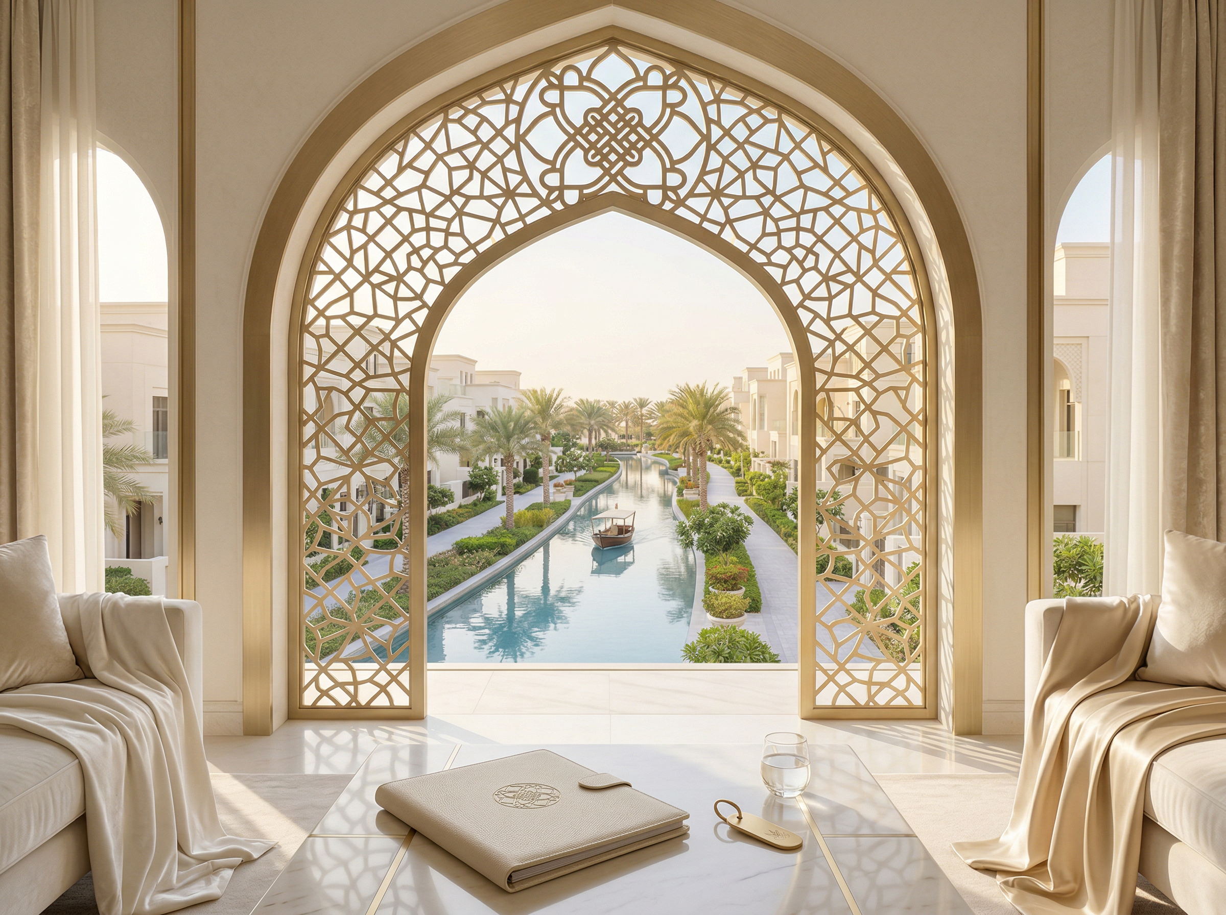 Luxurious interior with decorative archway overlooking a scenic garden and pool.