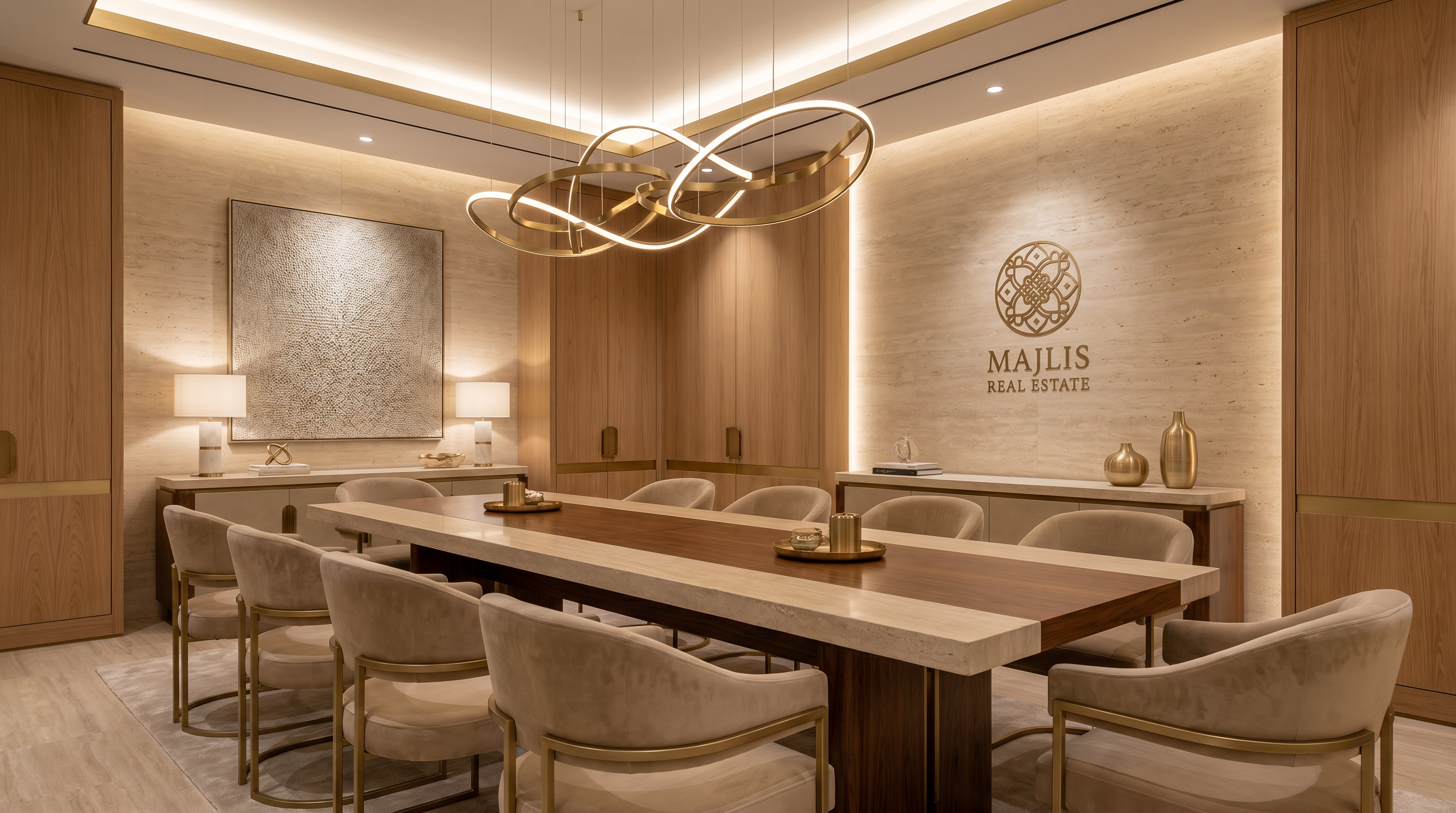 Modern interior design of a meeting room with a long table and chairs, featuring the 'MAJLIS REAL ESTATE' logo.