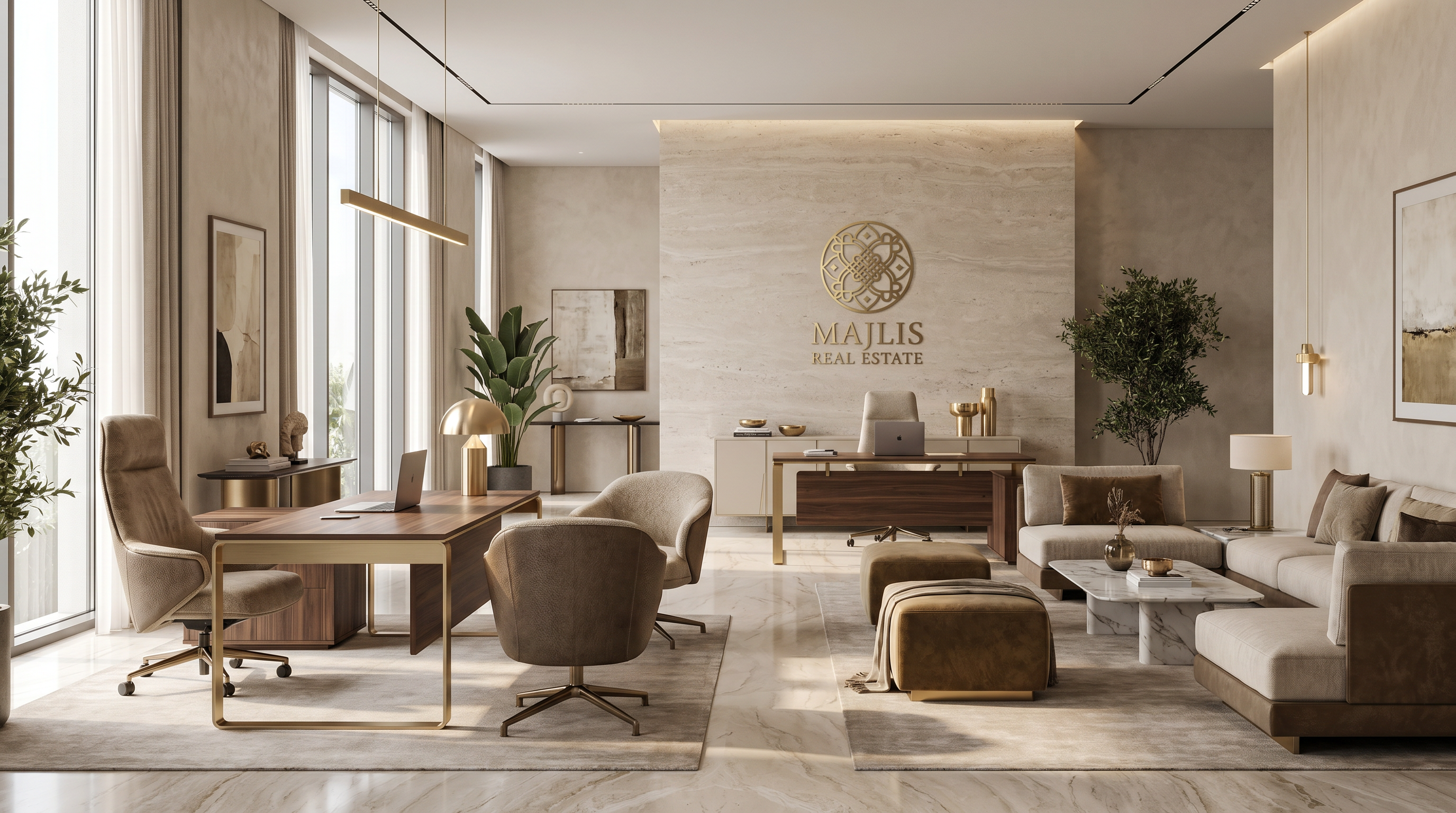 Modern office interior with a reception desk and seating area.