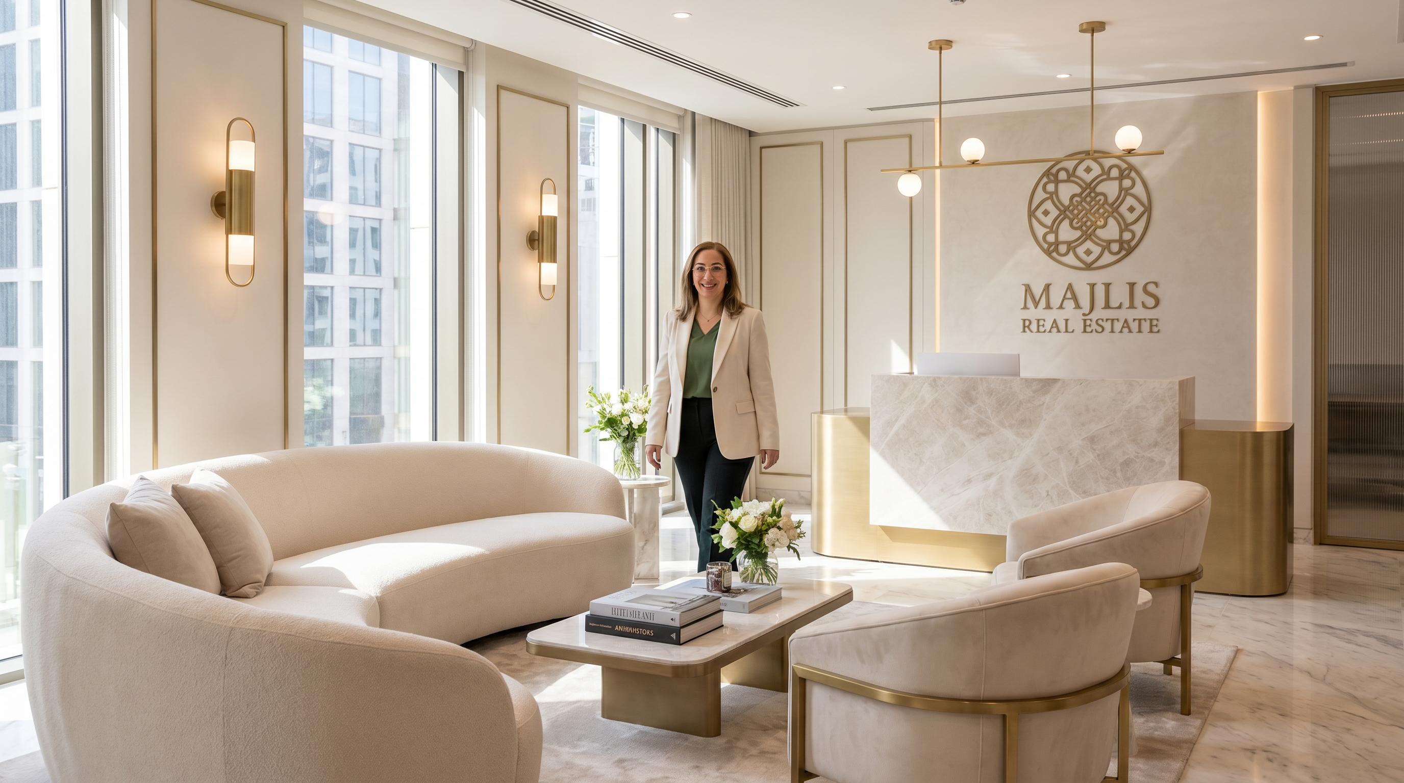 Woman standing in a modern office with 'Majlis Real Estate' branding.