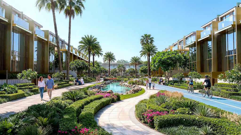 Modern architectural buildings with a garden and pool area on a sunny day.