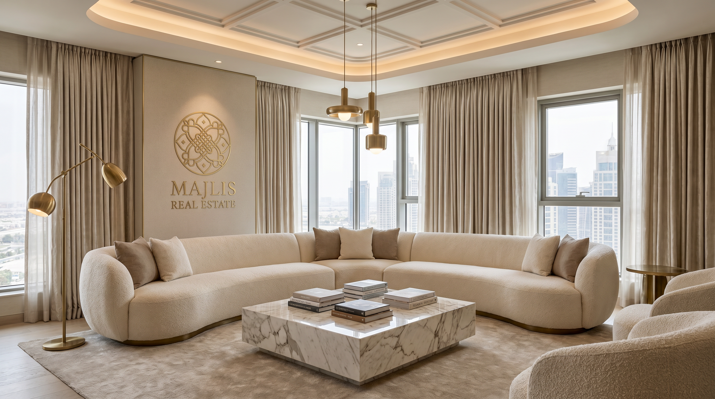 Luxurious living room with a Majlis Real Estate logo on the wall